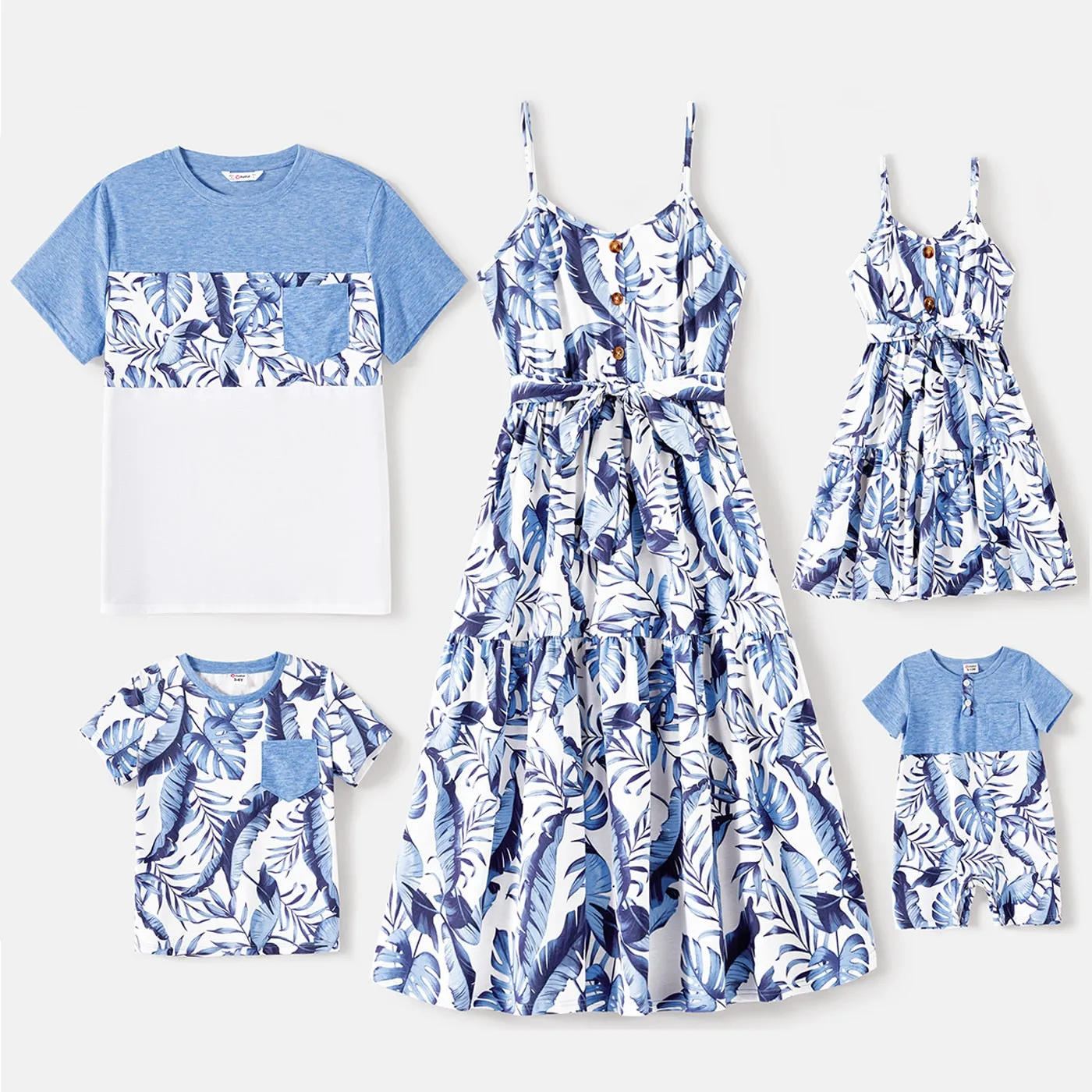 Matching Family Outfit - Blue Leaf Print Naia Dresses and T-shirts Sets