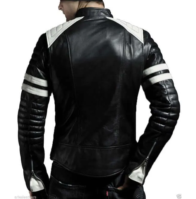 Men Black & White Biker Jacket, Men's Leather Biker Jacket