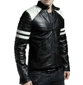 Men Black & White Biker Jacket, Men's Leather Biker Jacket