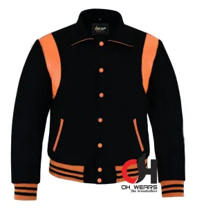 Men's Varsity Byron Collar Black Woolen Orange Leather Stripes Baseball Bomber Letterman Jacket Varsity Men's Women's Kid's college jackets