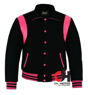 Men's Varsity Byron Collar Black Woolen Pink Leather Stripes Baseball Bomber Letterman Jacket Varsity Men's Women's Kid's college jackets