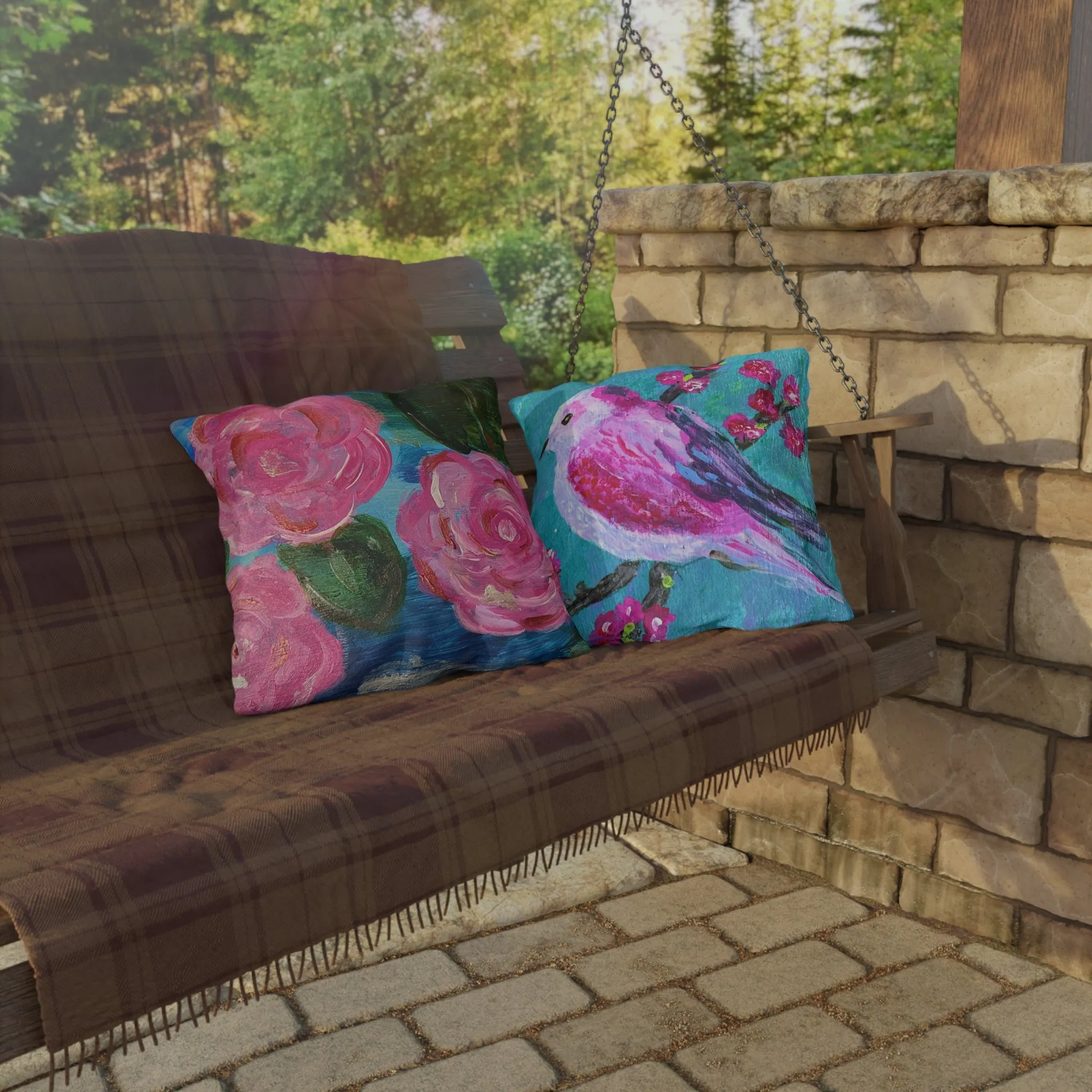 Outdoor Pillows - Pink Flowers and Birdie