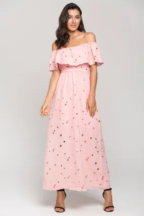 Pink Floral Eyelet Off the Shoulder Midi Dress