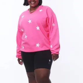 PLUS Size Ultra Chic Poppy NEON Pink Sweatshirt - White Matte Stars