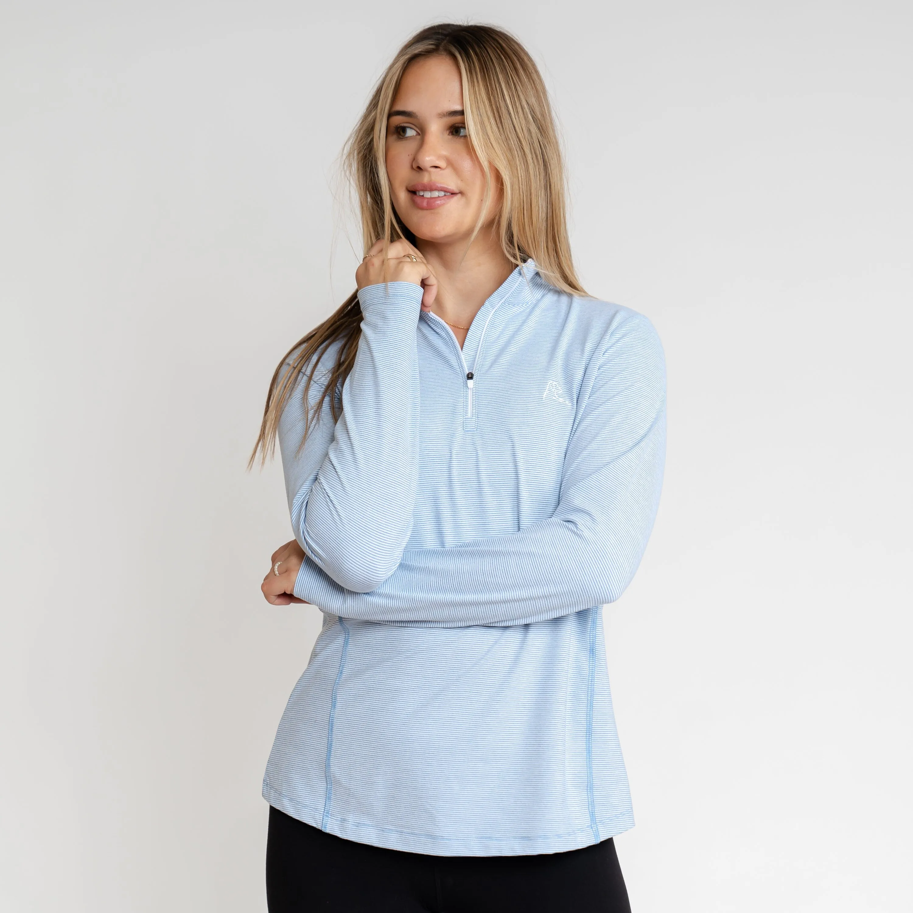 Riva Heather Stripe Performance Q-Zip | The Riva Heather Stripe - Beluga Blue/White