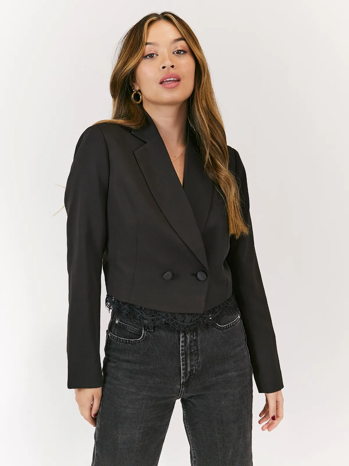 Rosie Black Cropped Lace Detail Blazer