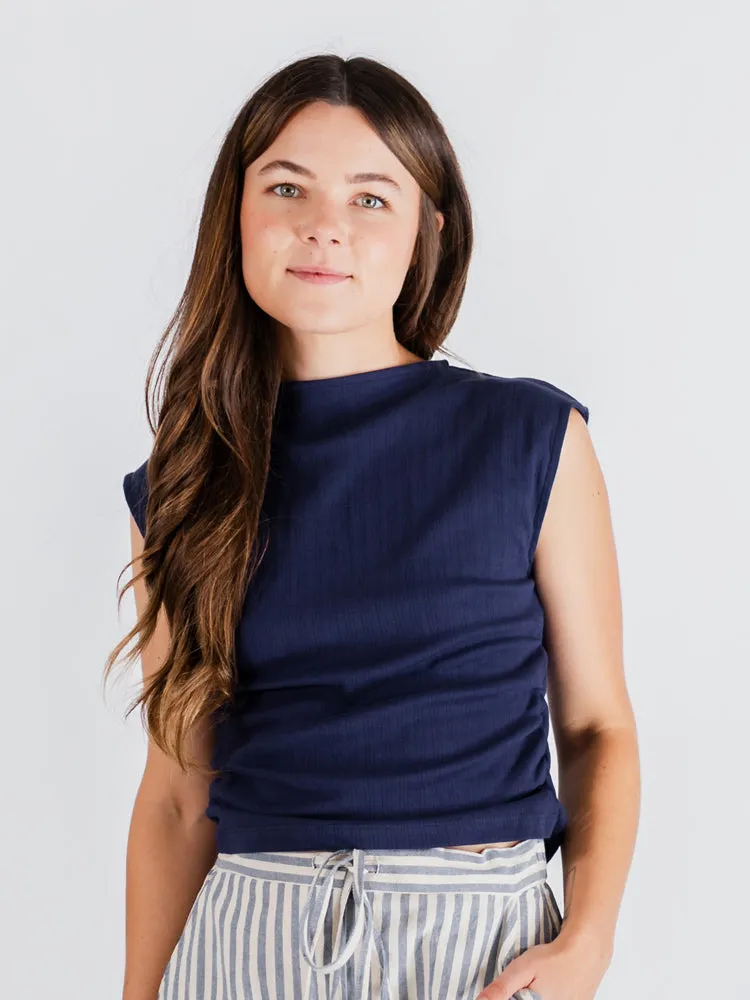 Ruched Top - Navy Rib Knit