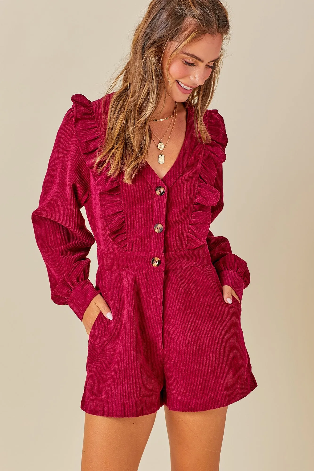 RUFFLE DETAIL LONG SLEEVE CORDUROY ROMPER