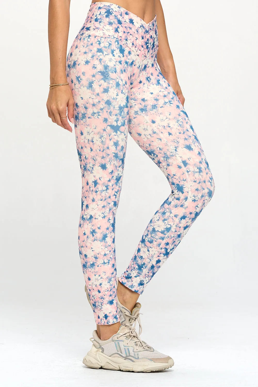 Tate - Cotton Candy Floral Garden Crossover Full-Length Legging (High-Waist)