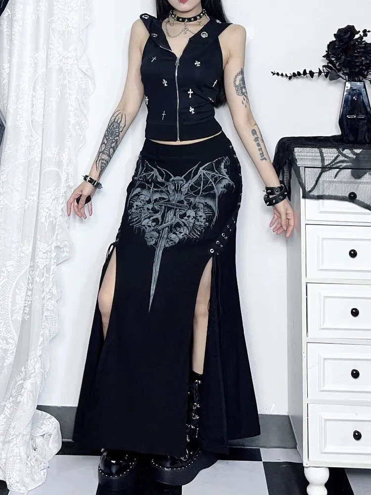 Vintage Print High Waist Mermaid Maxi Gothic Long Gothic Print Sexy High-slit Skirt